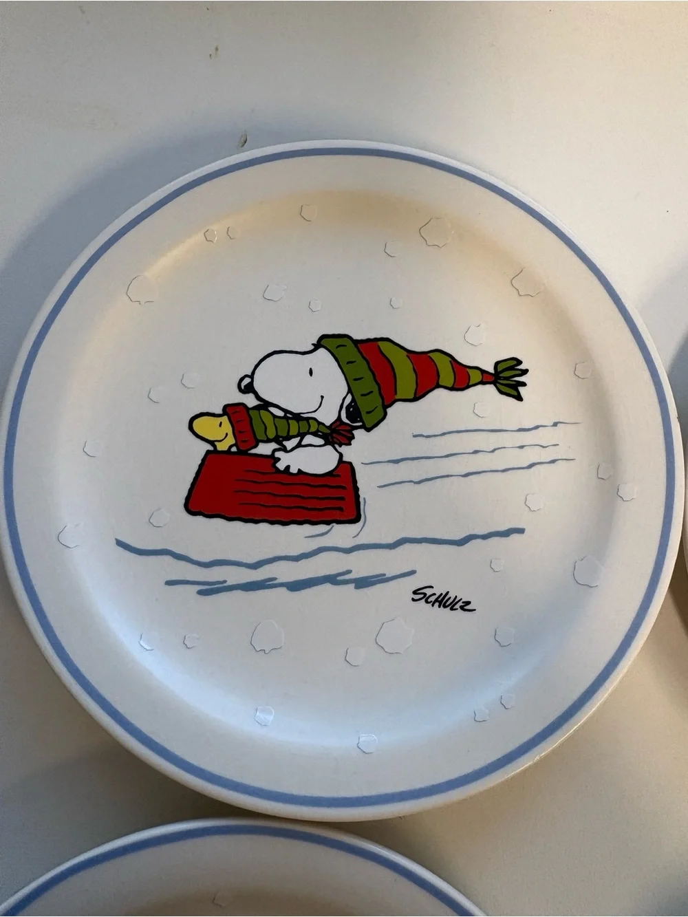 Peanuts Snoopy Winter Side Plates - White with Blue Trim (Set of 4) 6.5”